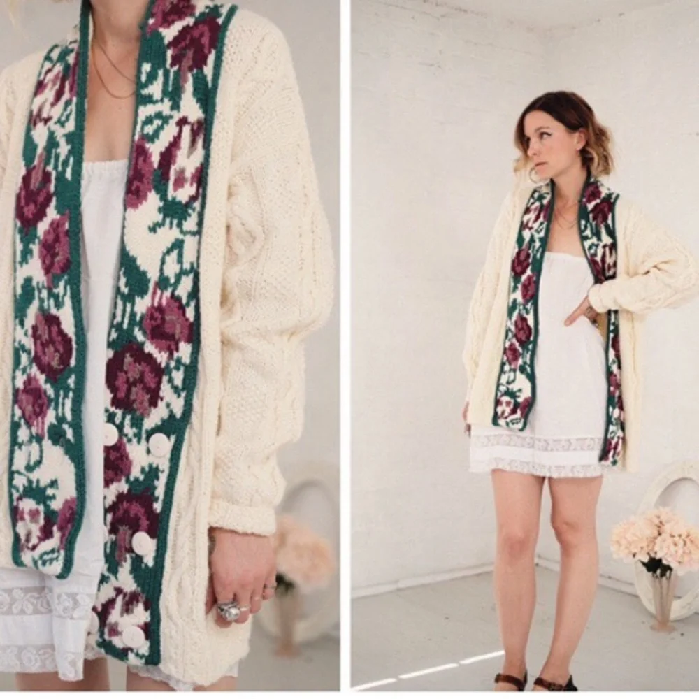 Vintage Lady Foot Locker Knitted Cream Floral Sweater Cable Knit Cardigan LARGE - Picture 9 of 10